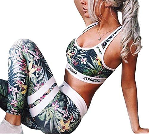 Women's Selva Floral Printed Yoga Bra Leggings Two Piece Set Workout Sports Wear (M, Green)