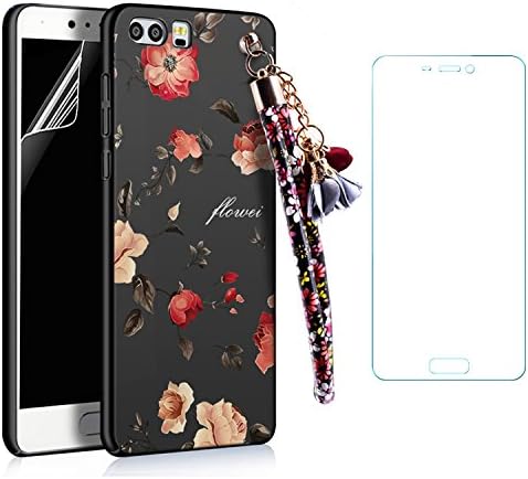Beautiful Cover Case for Huawei P10 Plus 2017 5.5 inches,Sunroyal Luxury PC Bumper Full Body Case with Hand Strap/Key Ring/Pendant with Floral Pattern-Black Peony for Women+[Screen Protector]