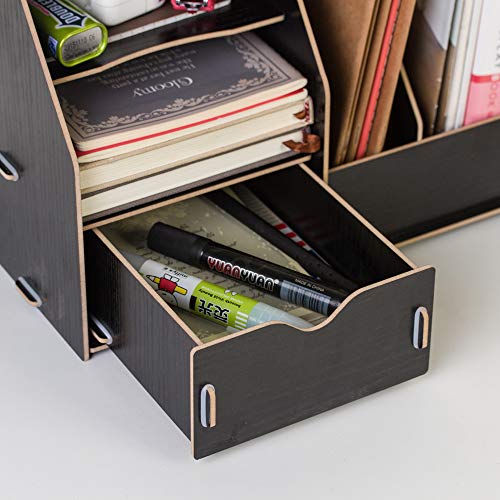 Wood Desk Organizer 4 Tier 8 Compartments with Drawer,Workspace Organizers Student desk finishing for School,Office Suppies File Letter Sorter Document Folder Tray Pen Holder,Storage Shelf Rack, Black
