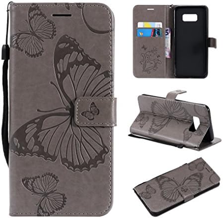 SMYTU Galaxy S8 Plus Wallet Case, Premium Emboss Butterfly Pattern Flip Wallet Shell PU Leather Magnetic Cover Skin with Wrist Strap Case for Samsung Galaxy S8 Plus 6.2"(B-Grey)