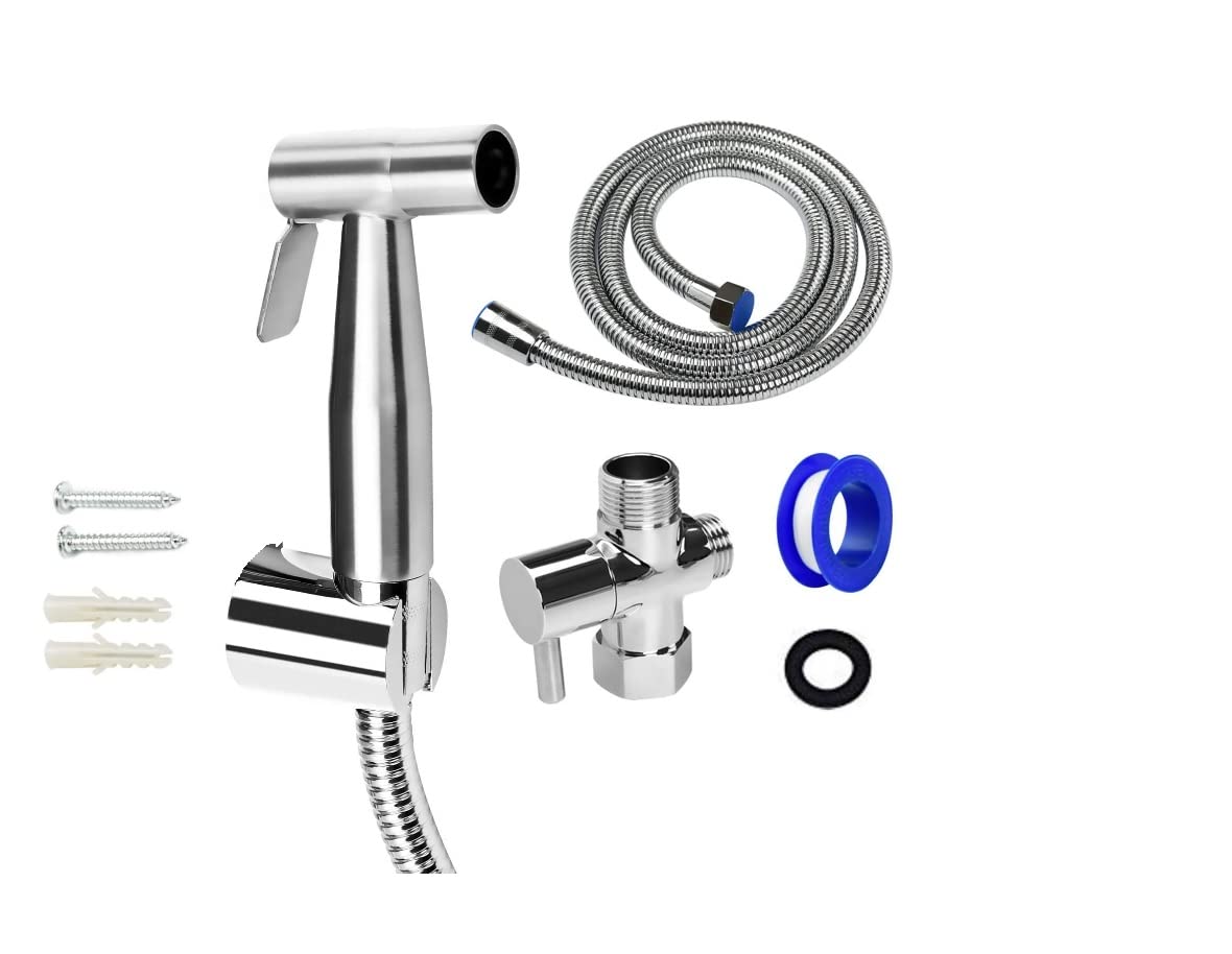Set Bidet Sprayer Stainless Steel or ABS with Brass Metal 3-Way Diverter Valve Hose 1.5 m Sprayer Kit Baby Sprayer Muslim Shattaf(Adapter-NOT On/Off) (Silver Sprayer+Hose+2 Way Diverter)