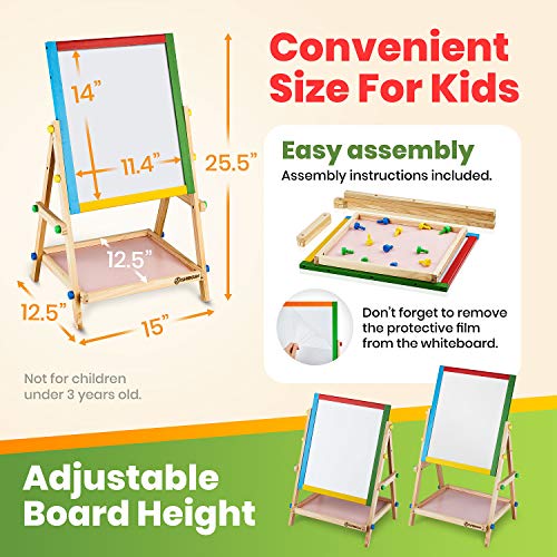 YARMOSHI Blackboard / Whiteboard Easel, Sturdy, Double-Sided, Adjustable, Fixed Bottom Tray, Magnetic Sponge, Marker Pen and Upper and Lower Case Letters and Numbers,12 Chalks - Toddlers Learning Play