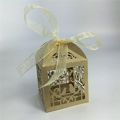 Derker 50 Pcs Romantic Hollow Out Love Birds Laser Cut Square Wedding Favor Candy Boxes Bridal Shower Party Favor Gift Boxes - Ribbon Included (Gold) by Derker