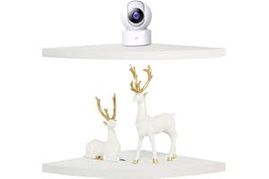 DUICIRX Corner Wall Shelves Set of 2, Rustic Wood Corner Floating Shelves with Cable Raceway, Wall Mount Storage Display for TV Accessories, Baby Monitor (White, Fan-shaped-10 Inch)