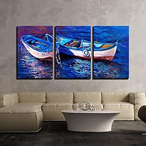 3 Piece Canvas Wall Art - Original Oil Painting of Boats and Sea on Canvas. Sunset Over Ocean.Modern Impressionism - Modern Home Art Stretched and Framed Ready to Hang - 16"x24"x3 Panels