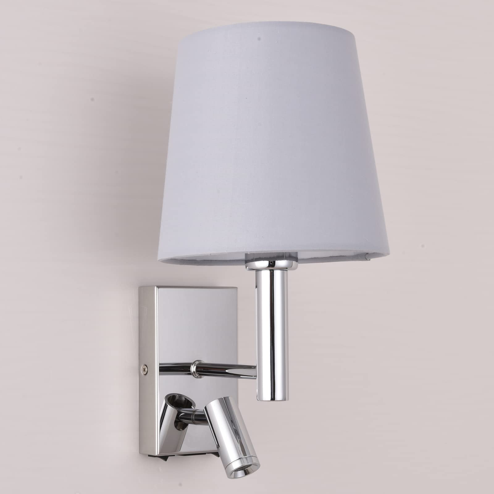 Harper Living 1xE27/ES Up Down Wall Light with Adjustable LED Reading Light, 1 USB Port and 2 On/Off switches, Polished Chrome Finish, Grey Fabric Shade (Light Grey Cylinder Shade)