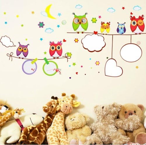 Wallmates Home Decorative Mural Vinyl Wall Sticker Happy Owl Family Moon Stars Kids Nursery Wall Art Decal Paper