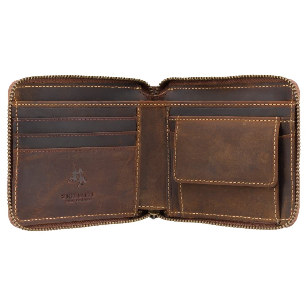 Visconti Hunters Leather Zip Round Wallet For Credit Cards, Banknotes, Coins - Bullet 702 Oil Tan(Size: One Size)