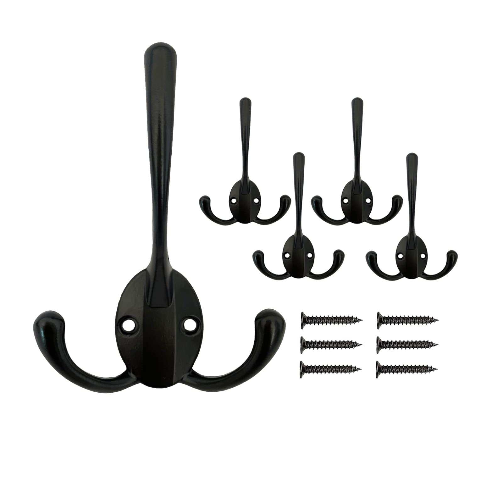 Mokife Vintage Wall Hook, 5 Pieces Rustic Coat Hooks Triple Tips Towel Hook with Screws for Bedroom Bathroom Kitchen Garage Toilet Office Store, Black
