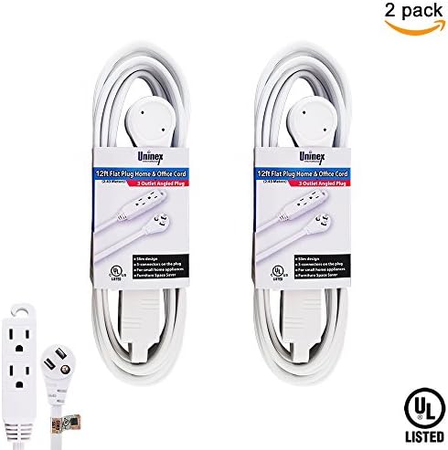 Uninex EC1612AUL Flat Angle Plug Extension Cord with 3-Outlet, 3-Prong, 12-Foot, 2-Pack