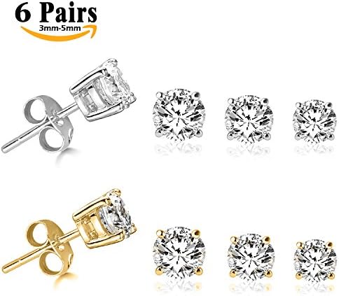 LIEBLICH Round Cut Cubic Zirconia Stud Earrings Stainless Steel Gold Plated Earrings 6 Pairs 3mm-5mm (Style 1)