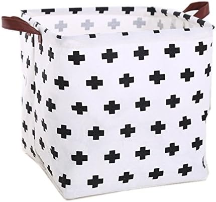 Canvas Canvas Storage Box with Leather Handle Strap, 13"x 11.8"x11.8" Laundry Hamper Storage Basket and Bin, Nursery and Toy Organizer - Geometric Cartoon Rabbits Triangle Cactus Stripe (Cross)