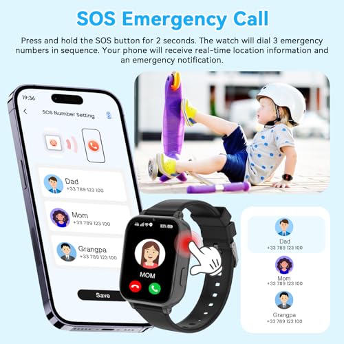 4G Smartwatch Bambini, Orologio Smartwatch Bambini con GPS SOS Videochiamata Chat Vocale Modalità Classe Fotocamera Calcolatrice Contapassi, Smart Watch Bambino Bambina 4-12 Anni Regalo, Nero
