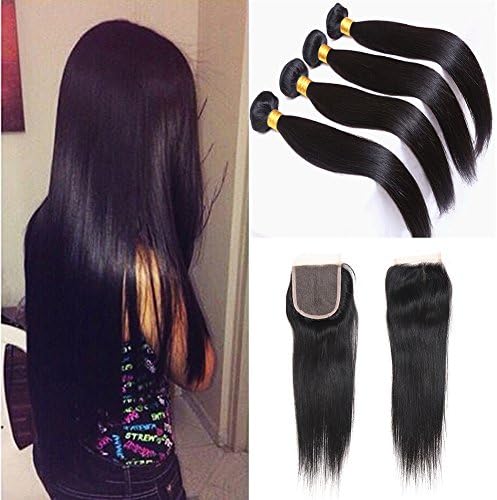 Jaycee Hair 7a Brazilian Virgin Hair Silky Straight Weft 4 Bundles with 1piece Free Part (4x4)Lace Closure 100% Human Hair Extensions Natural Color (Pack of 5 14 16 18 20+14)