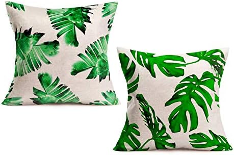 AsminiforTropical Leaf Throw Pillow Covers Cotton Linen Tropical Green Palm Leaves Design Cushion Cover Square Standard Home/Sofa/Couch Decorative Pillowcase 18x18 inch Pack of 2 (Palm Leaf)
