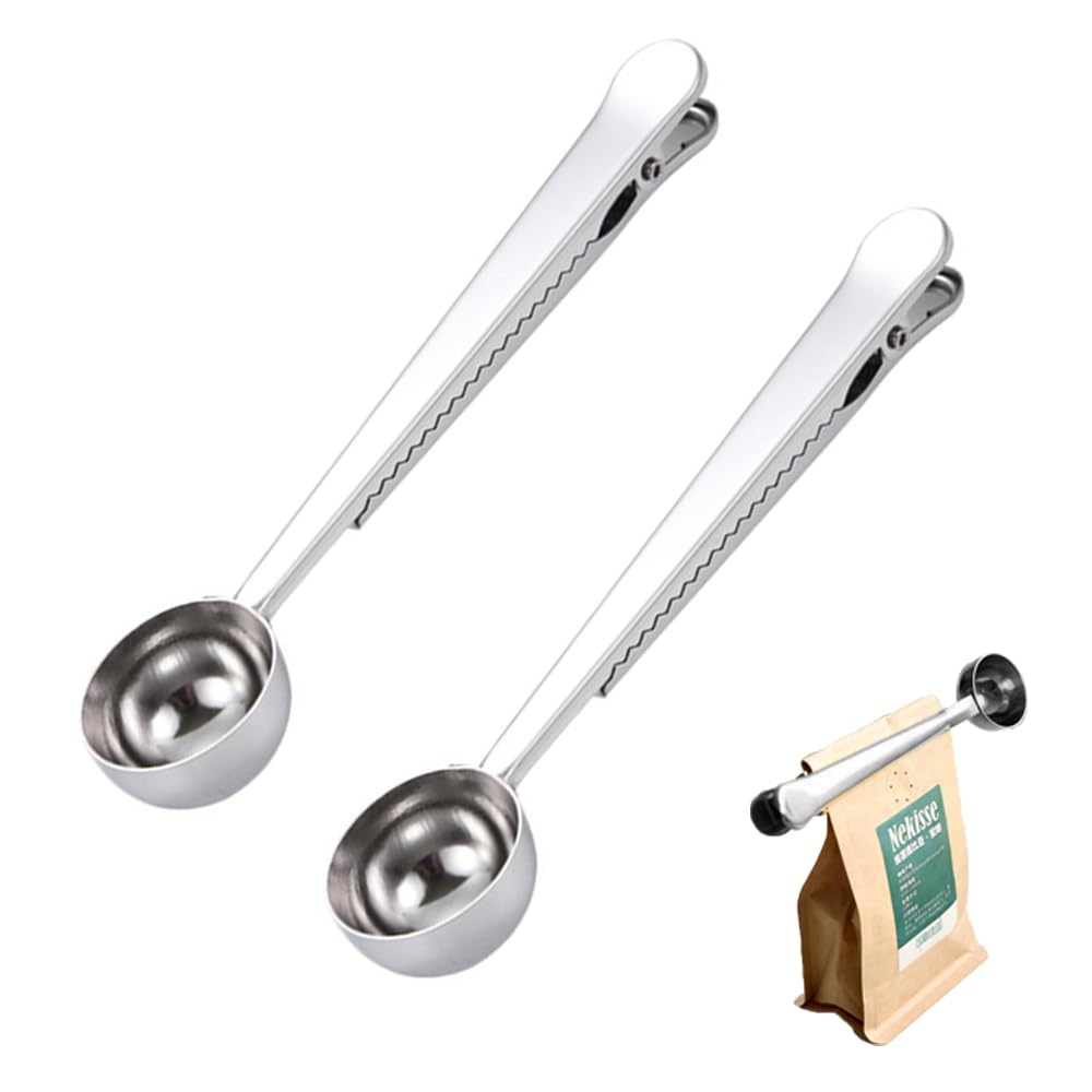 2 PCS Coffee Scoop with Bag Clip 2 in 1 Coffee Measuring Spoon Stainless Steel Coffee Bags Sealer for Cafetiere Ground Coffee and Beans