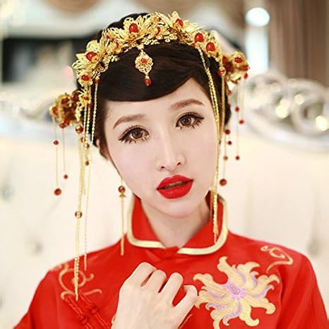 Amazon Co Jp Usongs 中国の衣装 レンタルブライダルヘッドドレス ヘアアクセサリー コロネット ドラゴン フェニックス ガウン アクセサリー Xiu 服 レッド ダイヤモンド ウォーターピン ホーム キッチン