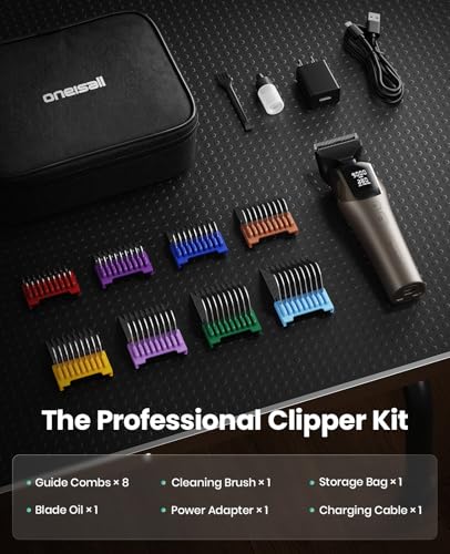 oneisall Professional Dog Grooming Clippers for Thick Hair at Home | 9000RPM, 5-Speed, 5-in-1 DLC Blade, 280-Min Runtime, Low Noise, Magnetic Head, 8 Metal Guide Combs, Cordless, Carrying Case