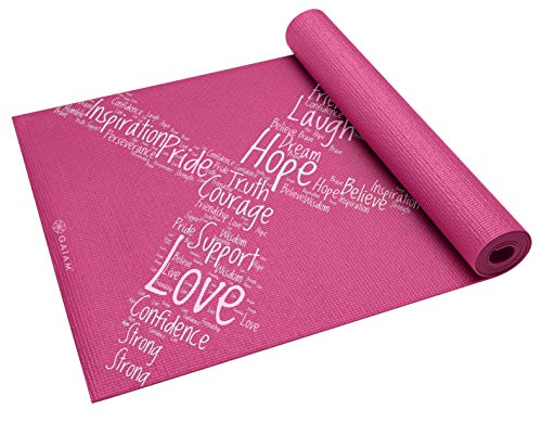 Gaiam Yoga Mat Classic Print Non Slip Exercise & Fitness Mat for All Types of Yoga, Pilates & Floor Workouts, Pink Ribbon II, 4mm