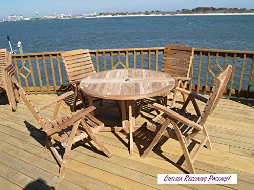 Windsor's Genuine Grade A Teak, 39" Round Drop Leaf Table W/4 Chelsea 5 Position Reclining Folding Chairs, World's Best Outdoor Furniture! Assembled