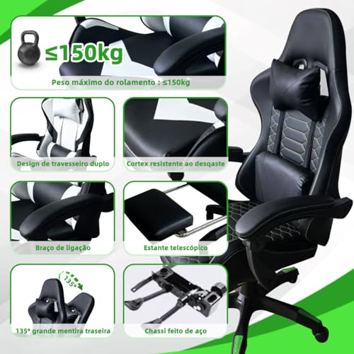 Cadeira Gamer Ergonômica com Conjunto de 5 Rodízios com Travão (Fixação Segura, Mobilidade Controle, Estabilidade) e Apoio Cervical Ajustável (Preto e Verde)