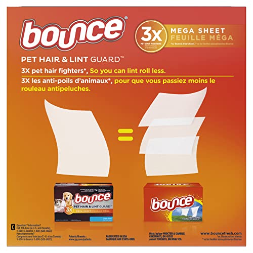 Bounce Pet Hair and Lint Guard Mega Dryer Sheets for Laundry, Fabric