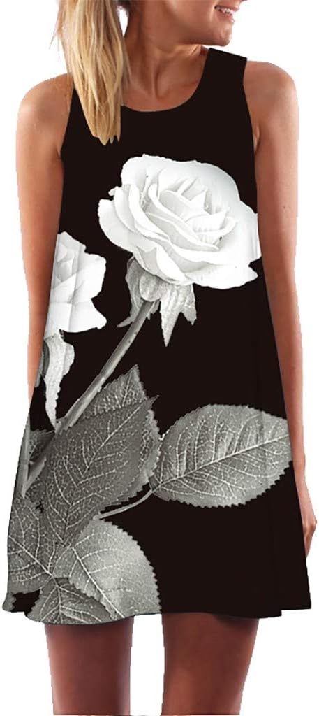 Women's Summer Dress Sunflower Bohemian Skirt Slim Shoulder Strap Camisole Blouse A-Line Midi Dress with Belt Pocket