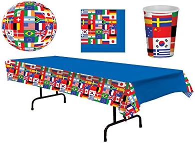 International World Flags Super Party -Bundle for 16: Plates Cups Napkins Plastic Table Cover And Banner