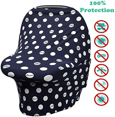 Stretchy Multi Use Nursing Covers for Baby Breastfeeding and Car-seat Cover, shopping Cart, Best Canopy Scarf (dark blue + white dots + bow-knot)