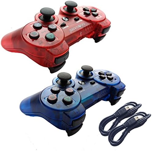 Tevodo 2 Packs Wireless Bluetooth Controllers For PS3 Double Shock - Bundled with USB charge cord (Clear Red and Clear Blue)