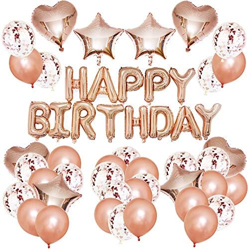 Hongkai Rose Gold Happy Birthday Balloons, Mylar Aluminum Foil Banner Balloons Confetti Latex balloons Heart Shape Foil Balloon Star for Birthday Party Decorations and Supplies