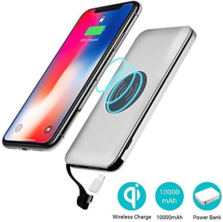 Huafly Portable Wireless Charger Power Bank, QI Wireless Charger 10000mAh Power Bank with Built-in Lightning Cable External Battery Pack for iPhone X, iPhone 8, Samsung Galaxy S8/Note 8