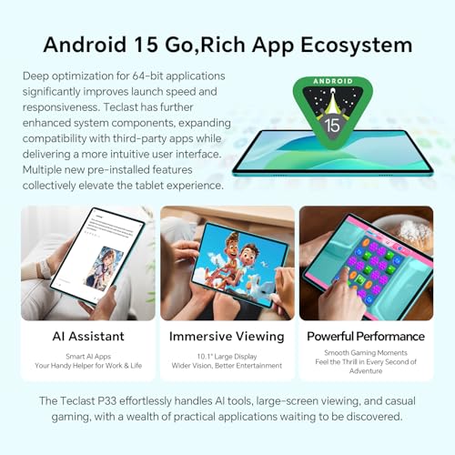 TECLAST P33 Tablet 10 Inch Gemini AI, Android Tablet with 10 Accessories, 64GB+4TB TF, 2GHz Octa-Core, Widevine L1, WiFi 6, 6000mAh/BT5.4/OTG, Tablet with Keyboard+Pencil+Case+Mouse+Headphones, 2026