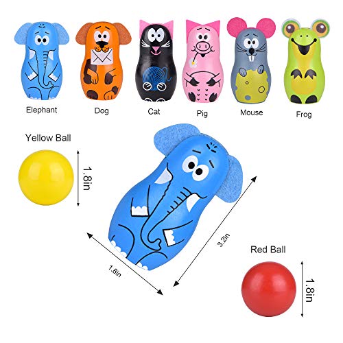 Portzon Bowling Set, Wooden Bowling with 6 Pins 2 Balls, Educational Indoor Outdoor Early Ages Preschool Development Games