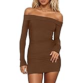 HYPERFIRE Women's Sexy Elegant Off The Shoulder Ribbed Long Sleeve Dress Party Mini Dresses