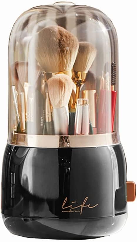 Bingobang Makeup Organiser Brush Holder 360 Rotating with Dustproof Lid, Spinning Cosmetic Organizer Acrylic, Storage for Lipstick, Lip Gloss, Eyeliner, Bedroom, Bathroom (Black)