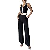 WDIRARA Women's 2 Piece Outfits Button Tie Backless Halter Tank Wide Leg Pants Set