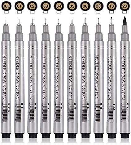 Fineliner Pen Set,of 10 Pcs Black Miro-Pen Brush&amp;Calligraphy Tip Nibs with No-Bleed Waterproof Ink Perfect for Office Documents, Scrapbooking, Technical Drawing Comic Manga Writing
