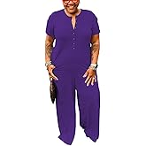 YeGine Plus Size Women Short Sleeve Loose Jumpsuit Casual Rompers One Piece Button Up Wide Leg Jumpsuits