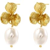 Petals Floral Pearl Dangle Drop Earrings for Women Minimalist Pearls Dangling Charm Earrings Flower Stud Earrings Sunflower Pierced Earrings Jewelry