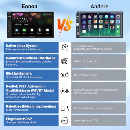 Eonon 7 Inch QLED Linux Double din Car Stereo Wireless CarPlay Android Auto Bluetooth USB Support Type-C Fast MirrorLink AUX in Video Input/Output with Rear View Camera X3