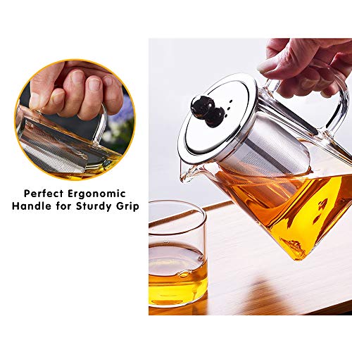 Glass Teapot with Infuser, 950ml/32oz Clear High Borosilicate Glass Tea Pot with Removable Tea Strainers for Loose Leaf Tea, Heat Resistant Loose Leaf Teapot, Microwavable and Stovetop Safe