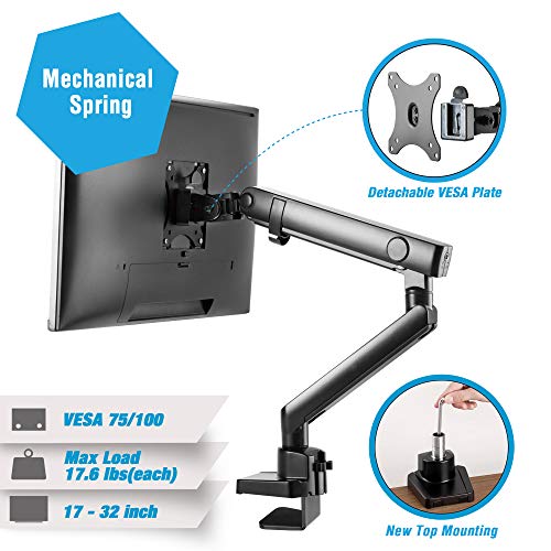 AVLT-Power Aluminum Single Monitor Mount Stand with One Mechanical Spring Arm Desk Riser -Full Motions, Heavy Duty Holds 17″ to 32″ LED LCD Screen, Up to 17.6 lbs Each, VESA 75/100