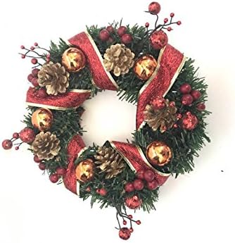 Christmas Wreath, 14 inches Front Door Wreath Decorated with Bells and Red Tapes for Festival Holiday Home Office Decorations