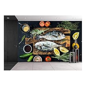Fresh Uncooked Dorado or Sea Bream Fish with Lemon, Herbs, Oil, Vegetables and Spices - Removable Wall Mural | Self-Adhesive Large Wallpaper - 66x96 inches