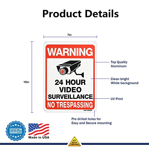 HISVISION Video Surveillance Sign 4-Pack, No Trespassing Metal Reflective Warning Sign,UV Protected & Waterproof, 10"x 7" 0.40 Aluminum Indoor Or Outdoor Use for Home Business CCTV Security Camera