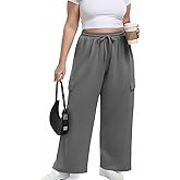 OLRIK Womens Plus Size Wide Leg Cargo Sweatpants High Waisted Drawstring Lounge Pants with Pockets Baggy Strechy Joggers