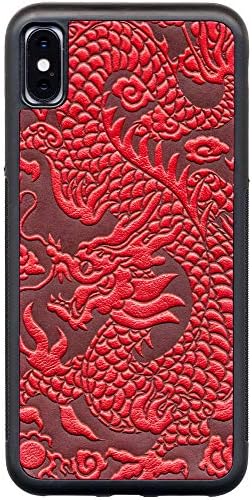 Oberon Design Leather iPhone Case for iPhone Xs Max, Rugged, Flexible TPU iPhone Holder with Embossed Top Grain Cowhide Leather, Handcrafted in USA, Red Dragon (iPhone Xs Max)