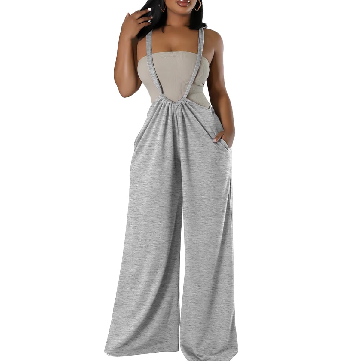 Solid Color Overalls Casual Loose Fitting Wide Leg Trousers Sling Backless Sleeveless Jumpsuit main image 0