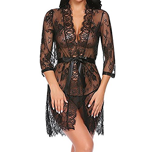 ✔ Hypothesis_X ☎ Women's Lace Kimono Robe Lingerie Eyelash Babydoll Sheer Nightwear Black